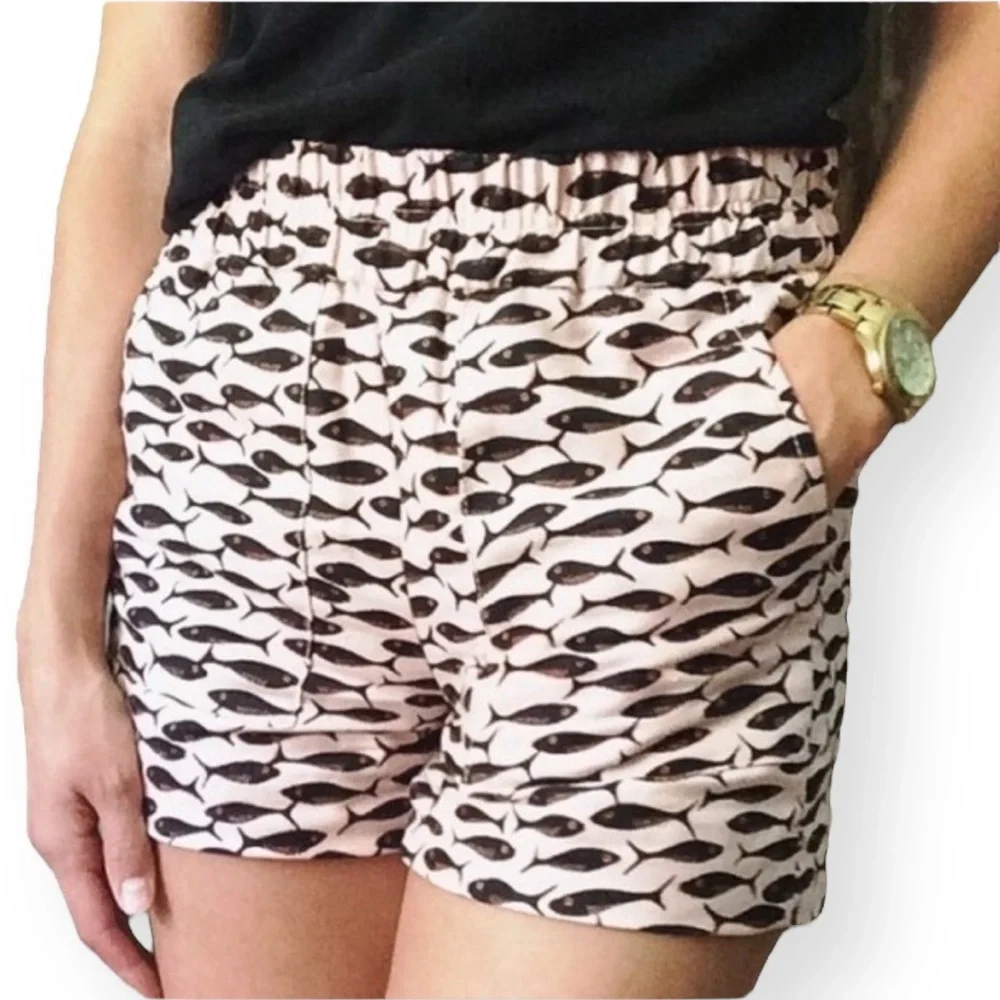 J. Crew Light Pink Linen Blend Minnow Sardine Fish Print Pull On Shorts Size XXS